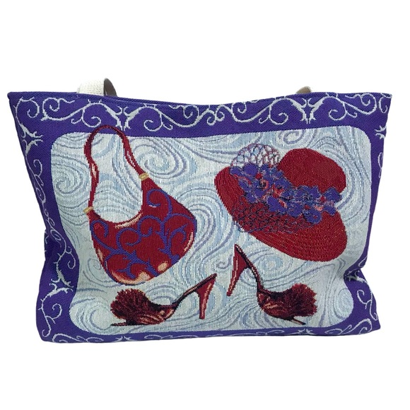 Ivory Purple and Red Hat Purse and Shoes Design Tapestry Canvas Tote Bag - Picture 2 of 12